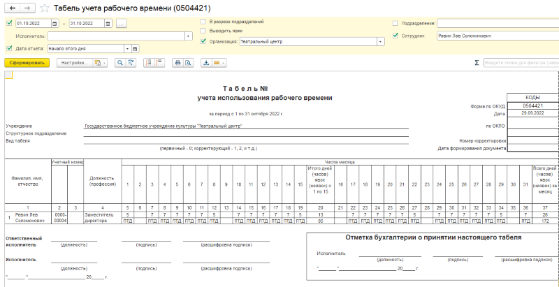 Табель учета рабочего времени образец заполнения 0504421 образец заполнения